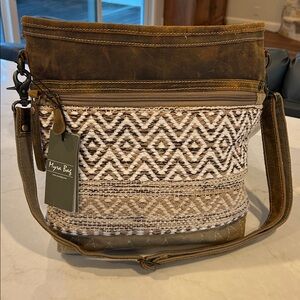 NWT Mayra Bag Blending Taste Brown /Tan Patterned Shoulder Bag Leather/Canvas